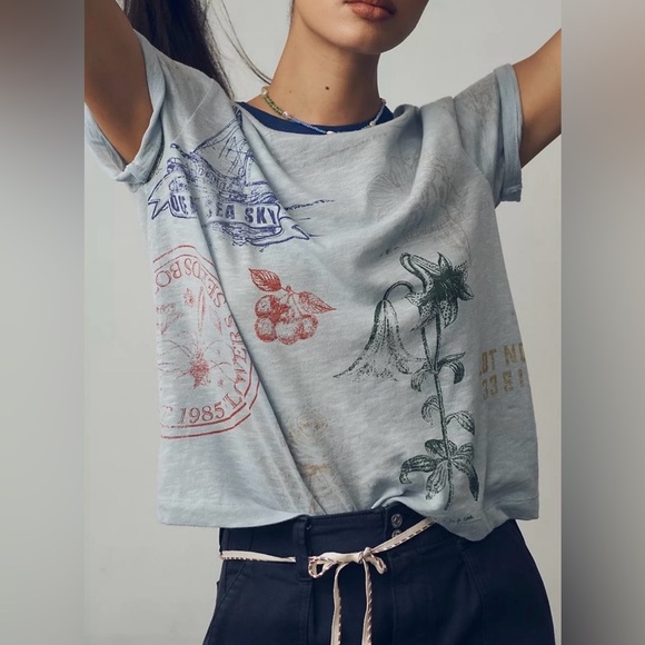 Pilcro Tops - Anthropologie Pilcro Stamp Printed Tee in Sky Blue Motif, NWT